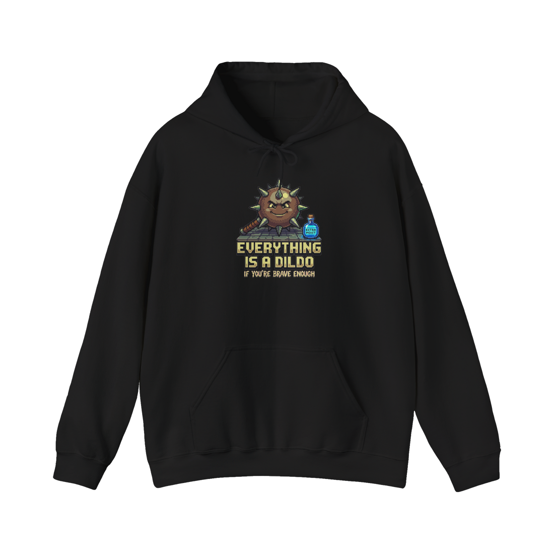 Smirking pixel mace and EXTRA MOIST potion over the dildo joke EVERYTHING IS A DILDO, on a hoodie — Black