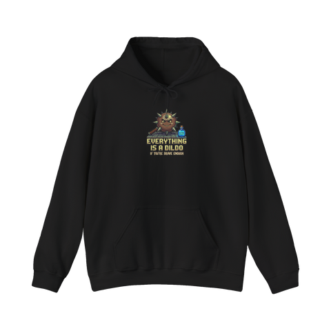 Smirking pixel mace and EXTRA MOIST potion over the dildo joke EVERYTHING IS A DILDO, on a hoodie — Black