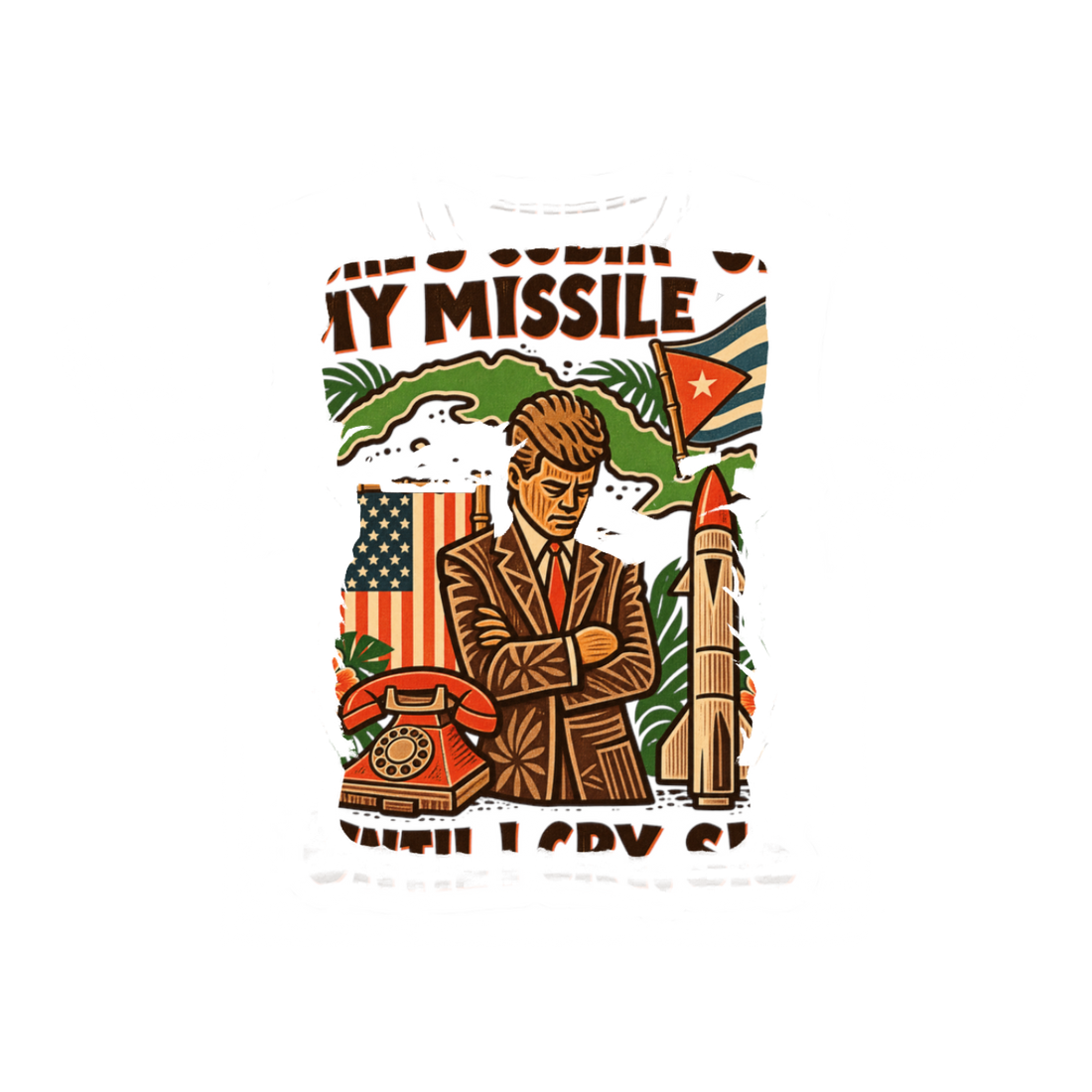 Cubin' On My Missile Until I Cry Sis Sticker — Cuban Crisis JFK Cold — White
