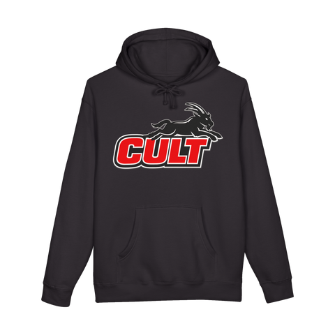 Puma-style sports logo reading CULT with a leaping demonic goat, on a hoodie — Black