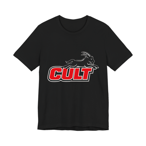 Puma-style sports logo reading CULT with a leaping demonic goat, on a t-shirt — Black