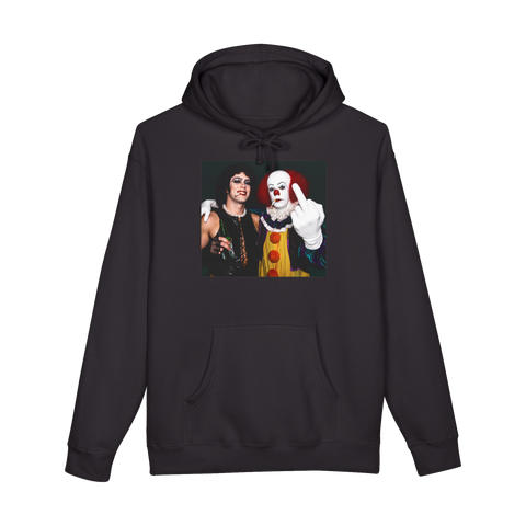 Tim Curry's Frank-N-Furter and Pennywise smoking backstage, Pennywise flipping the bird, on a hoodie — Black