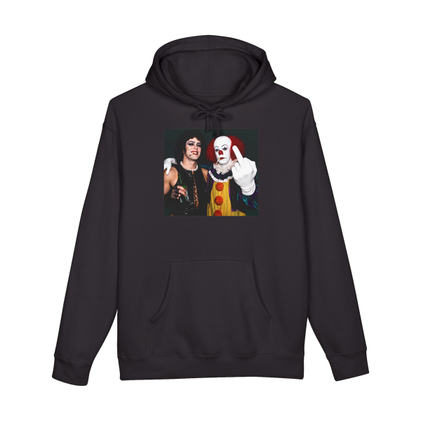 A high-flash polaroid graphic of Pennywise grabbing Frank-N-Furter's chest.