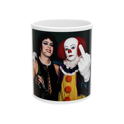A funny mashup mug featuring Tim Curry as Pennywise the clown grabbing Tim Curry as Frank N Furter.