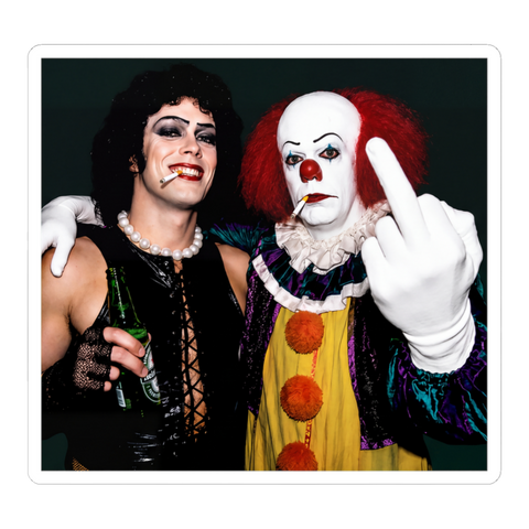 Tim Curry's Frank-N-Furter and Pennywise smoking backstage, Pennywise flipping the bird, on a sticker — White