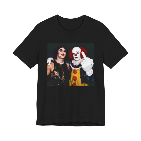 A cursed backstage polaroid graphic of Tim Curry as Pennywise groping Tim Curry as Frank-N-Furter on a t-shirt
