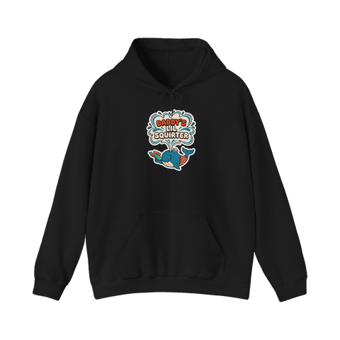 Cartoon whale in sailor hat and boxers with a squirt gun, spouting DADDY'S LIL SQUIRTER, on a hoodie — Black