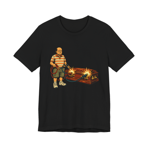 Funny dark humor graphic t-shirt about using jumper cables to revive someone