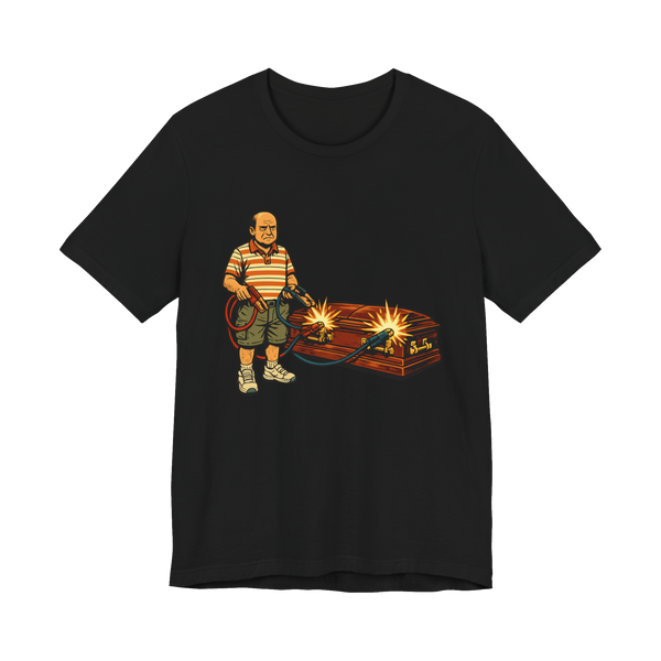 Funny dark humor graphic t-shirt about using jumper cables to revive someone