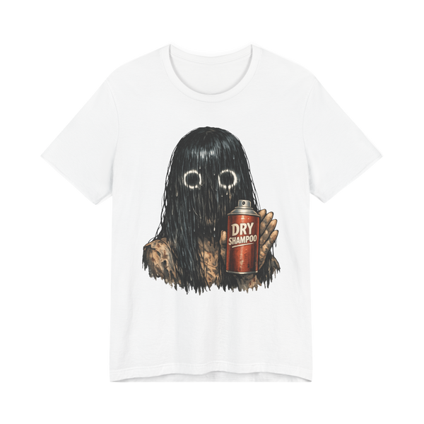 Funny graphic tee featuring a creepy haunted ghost girl doing a beauty vlogger GRWM palm pose with dry shampoo.