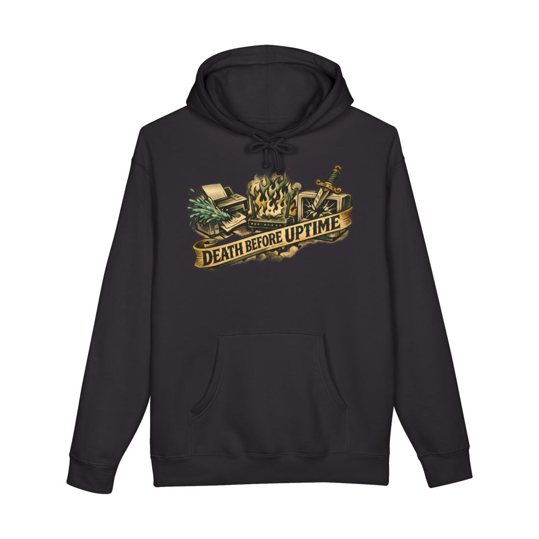 Death Before Paper Jam funny IT support and office humor hoodie with American Traditional tattoo style art