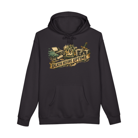 Death Before Paper Jam funny IT support and office humor hoodie with American Traditional tattoo style art