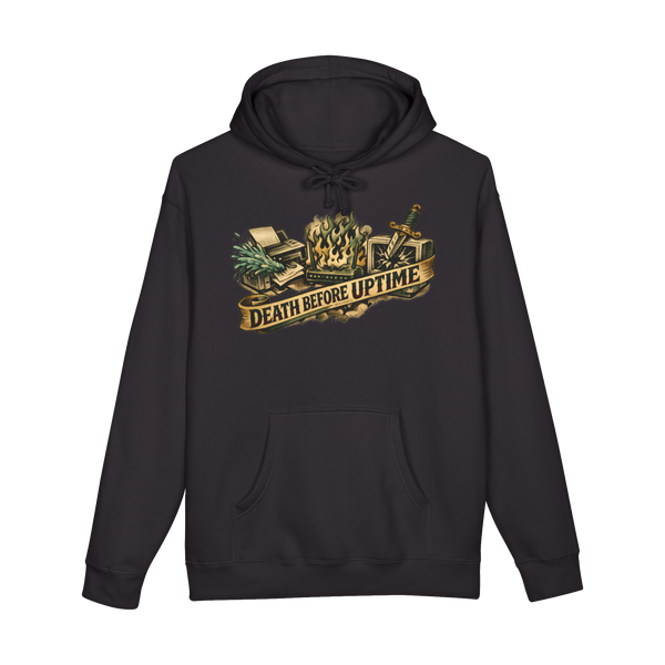 Death Before Paper Jam funny IT support and office humor hoodie with American Traditional tattoo style art
