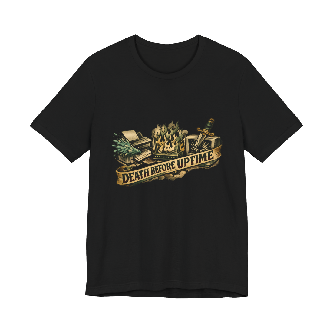 Death Before Jam t-shirt featuring American Traditional tattoo flash of broken office equipment