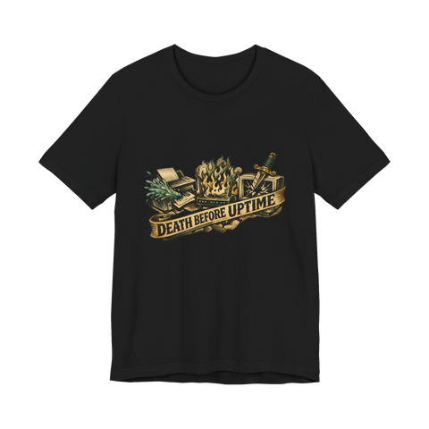 Death Before Jam t-shirt featuring American Traditional tattoo flash of broken office equipment