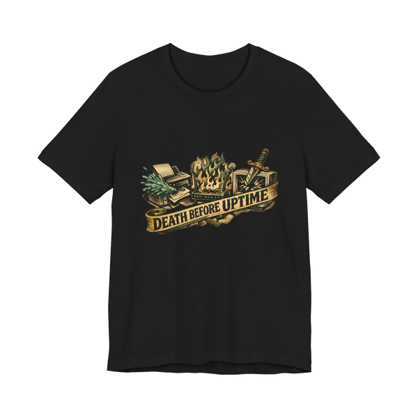 Death Before Jam t-shirt featuring American Traditional tattoo flash of broken office equipment