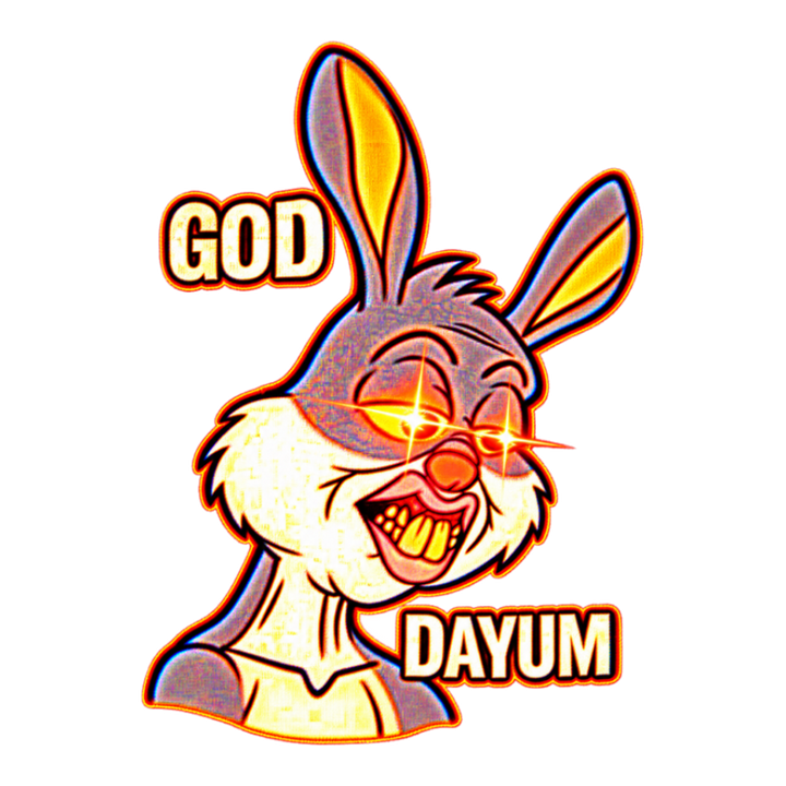 Deep Fried God Dayum Sticker — Bugs Bunny Meme Cursed Image Brain Rot — White