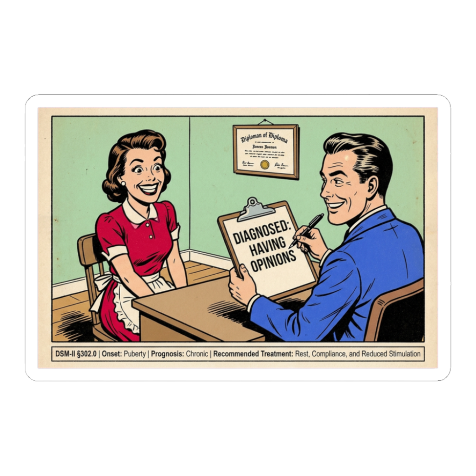 Diagnosed: Having Opinions Sticker — Funny Feminist Decal