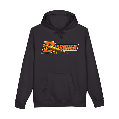 Gatorade-style logo spelling DIARRHEA with a sludgy dripping bolt, on a hoodie — Black