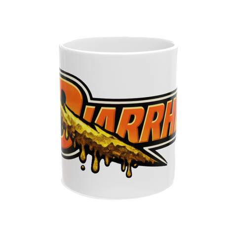 A funny coffee mug reading Diarrhea Thirst Quencher, a gag gift for marathon runners and endurance athletes.