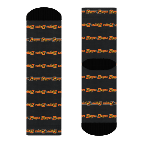 Funny running socks with a sports drink parody logo reading Diarrhea Thirst Quencher