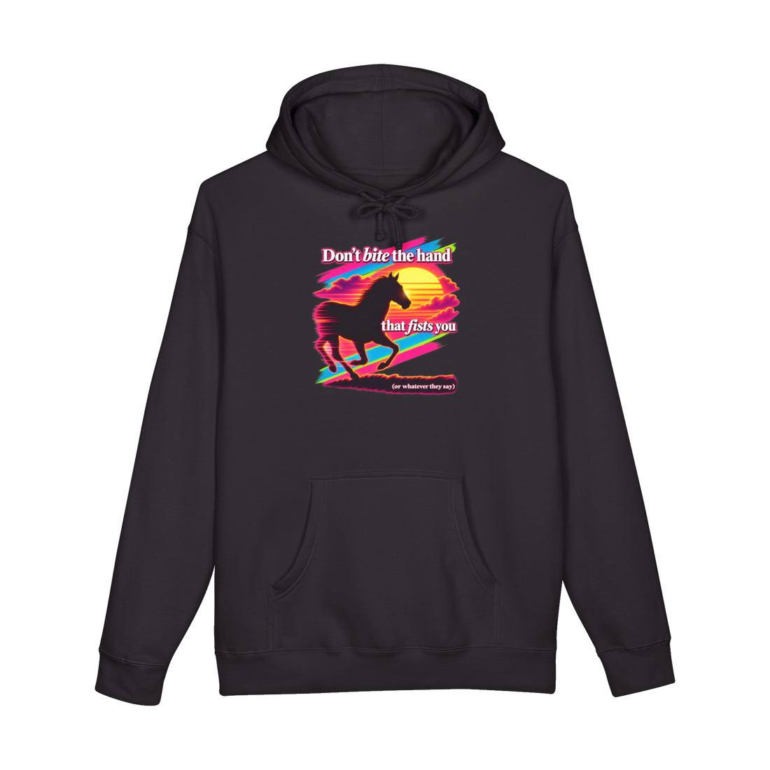 Don't Bite The Hand That Fists You Hoodie — Funny Horse Synthwave Dark — Black