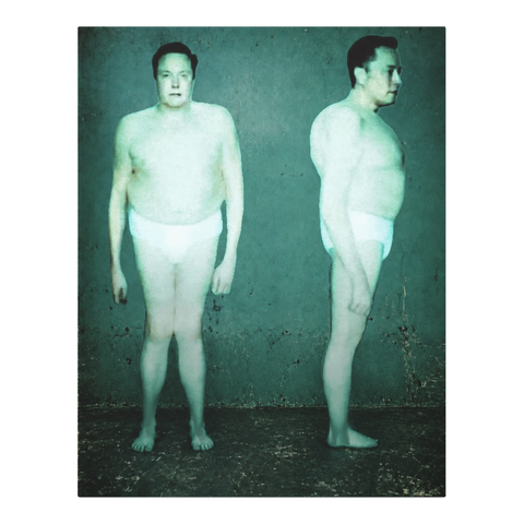 Grainy alien mugshot photos of Elon Musk in tighty-whities, front and side view, on canvas wall art — 0.75''