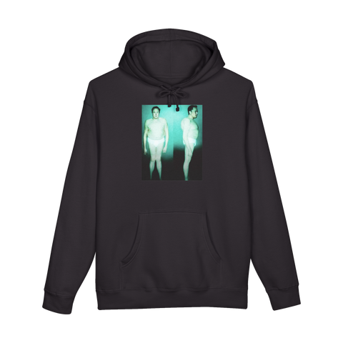 Grainy alien mugshot photos of Elon Musk in tighty-whities, front and side view, on a hoodie — Black
