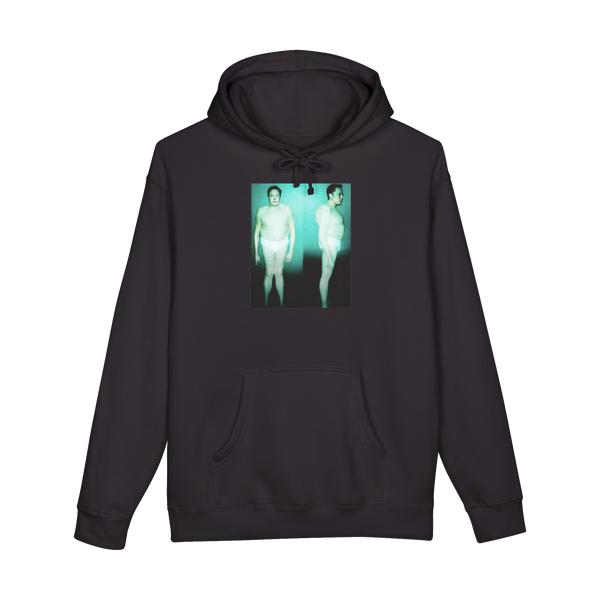 A funny hoodie showing a grainy photo of a tech billionaire who looks like an alien wearing tighty-whities.
