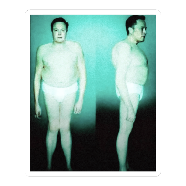 Funny alien meme sticker showing a classified deportation photo of a tech billionaire in tighty-whities.