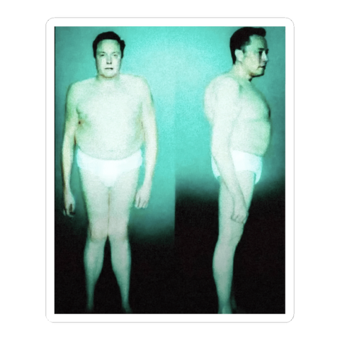 Grainy alien mugshot photos of Elon Musk in tighty-whities, front and side view, on a sticker — White