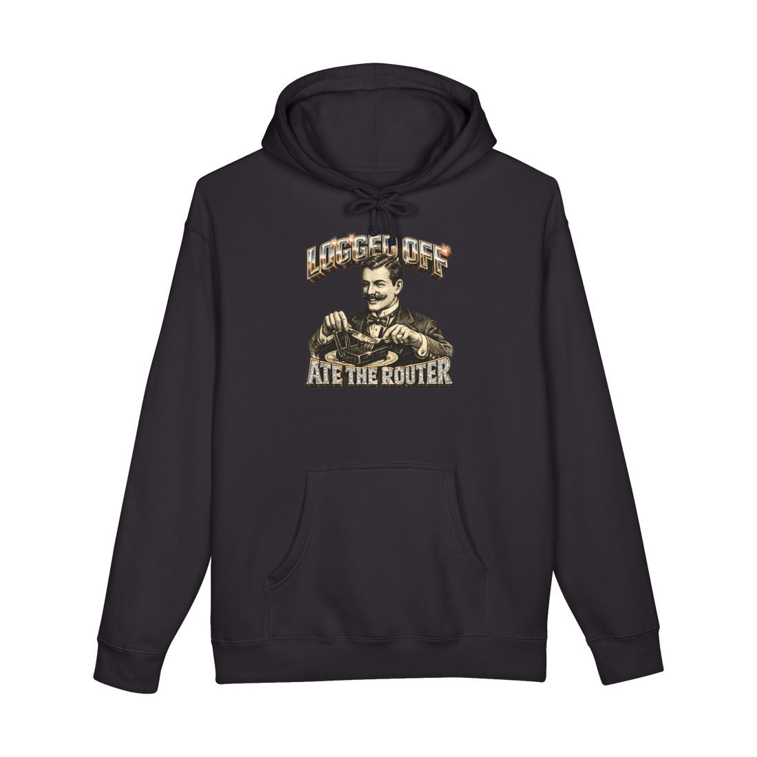 A 19th-century gentleman eating an internet router with fine cutlery in 90s chrome typography on a hoodie.