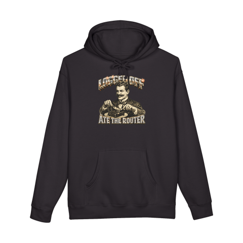 A 19th-century gentleman eating an internet router with fine cutlery in 90s chrome typography on a hoodie.