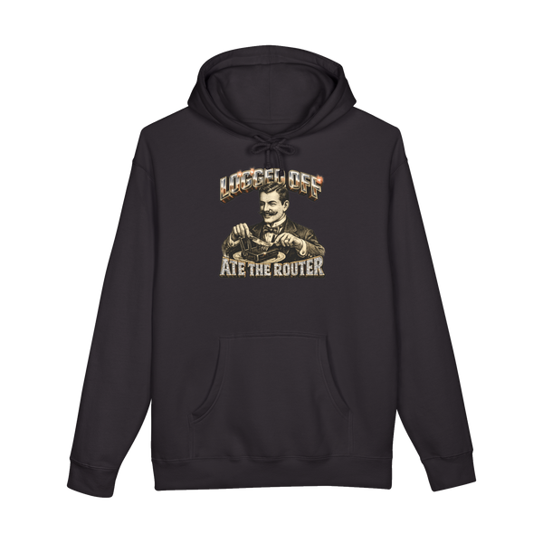 A 19th-century gentleman eating an internet router with fine cutlery in 90s chrome typography on a hoodie.
