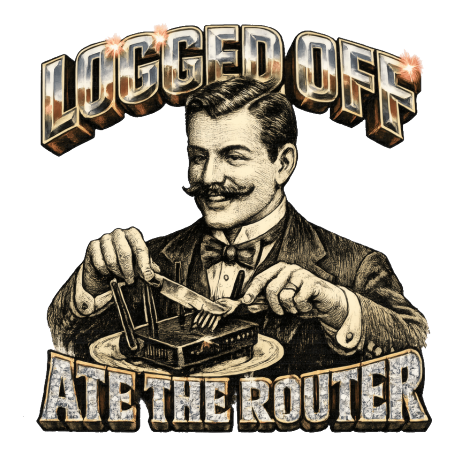 Victorian gentleman eating a Wi-Fi router with knife and fork, LOGGED OFF ATE THE ROUTER, on a sticker — White