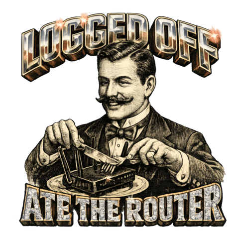 Victorian gentleman eating a Wi-Fi router with knife and fork, LOGGED OFF ATE THE ROUTER, on a sticker — White