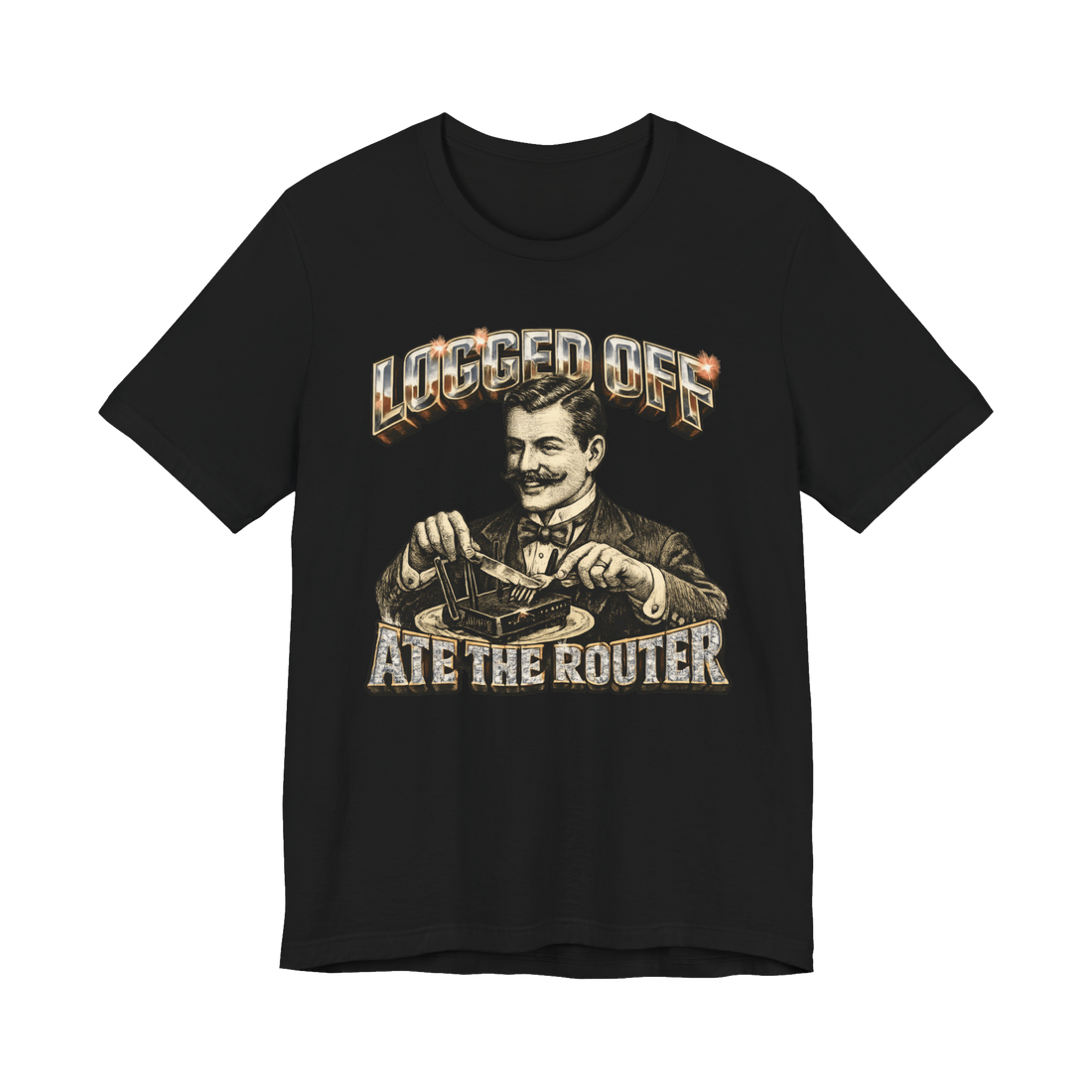 Victorian gentleman eating a broadband internet router with fine cutlery, funny anti-work tech t-shirt graphic.