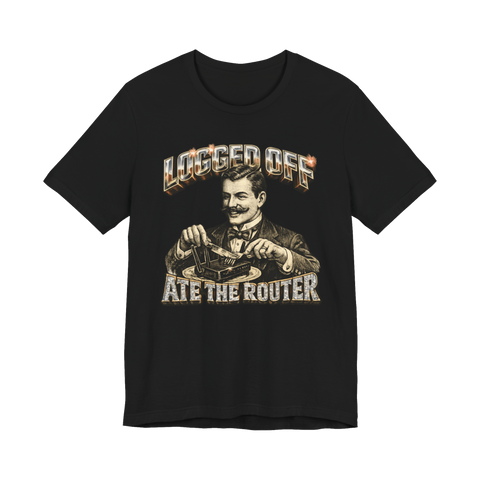 Victorian gentleman eating a broadband internet router with fine cutlery, funny anti-work tech t-shirt graphic.