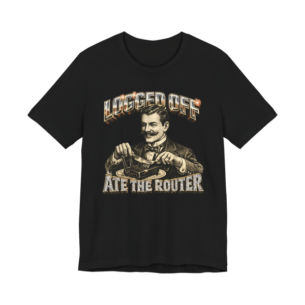 Victorian gentleman eating a broadband internet router with fine cutlery, funny anti-work tech t-shirt graphic.