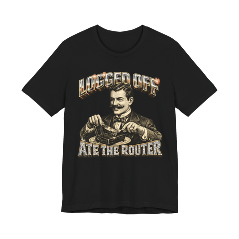 Victorian gentleman eating a Wi-Fi router with knife and fork, LOGGED OFF ATE THE ROUTER, on a t-shirt — Black