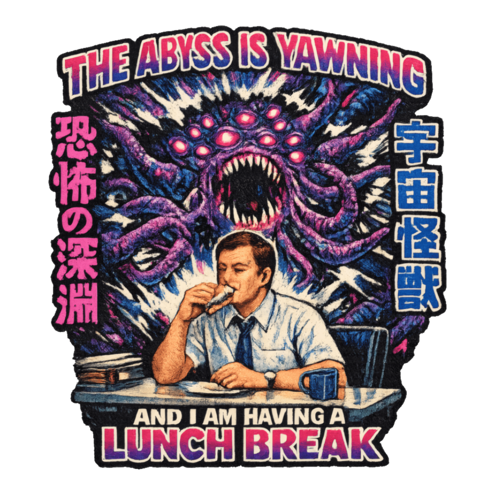 Office worker eats lunch as a cosmic horror rises: The Abyss Is Yawning, on a sticker — White