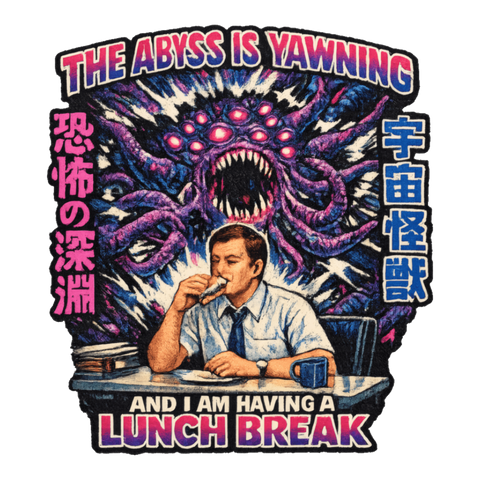 Office worker eats lunch as a cosmic horror rises: The Abyss Is Yawning, on a sticker — White