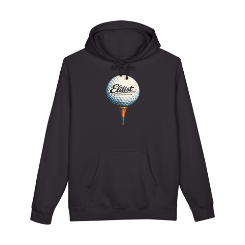 Golf ball on a tee with the Titleist script logo rewritten to read Elitist, on a hoodie — Black