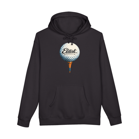 Golf ball on a tee with the Titleist script logo rewritten to read Elitist, on a hoodie — Black