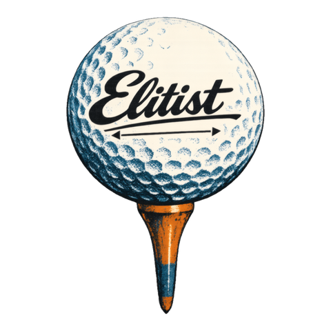 Golf ball on a tee with a Titleist-style script logo that reads Elitist, on a sticker — White