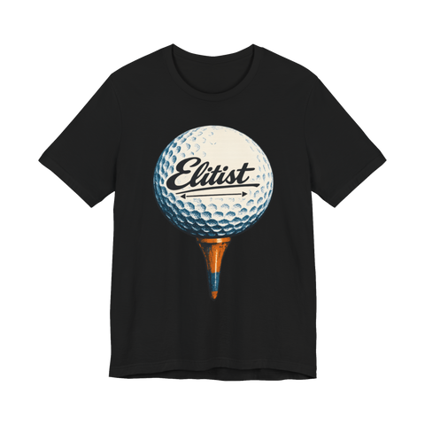 Golf ball on a tee with the Titleist script logo rewritten to read Elitist, on a t-shirt — Black