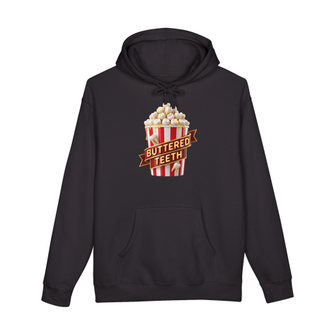 Striped popcorn bucket heaped with butter-drenched human teeth and a BUTTERED TEETH banner, on a hoodie — Black