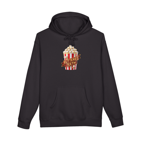 Extra Butter Molars — Cursed Teeth Popcorn Hoodie — Black