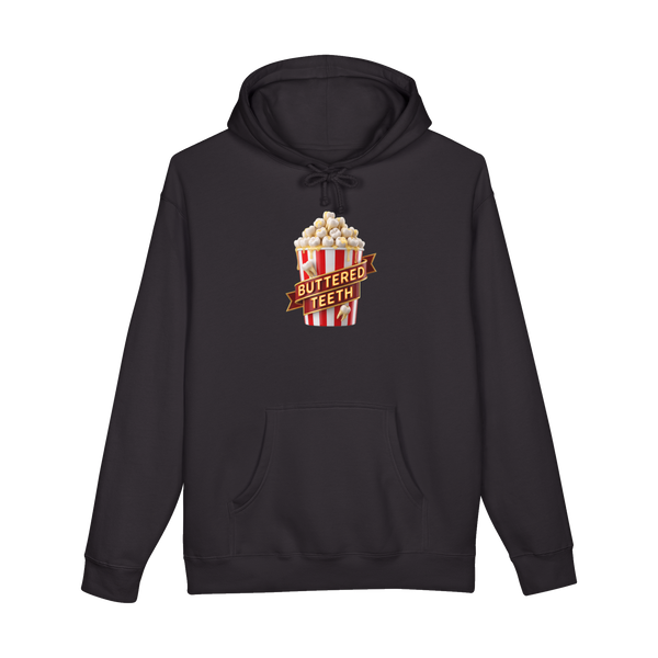 Extra Butter Molars — Cursed Teeth Popcorn Hoodie — Black