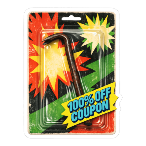 Shoplifting crowbar sealed in a 90s toy blister pack, 100% OFF COUPON, on a sticker — White